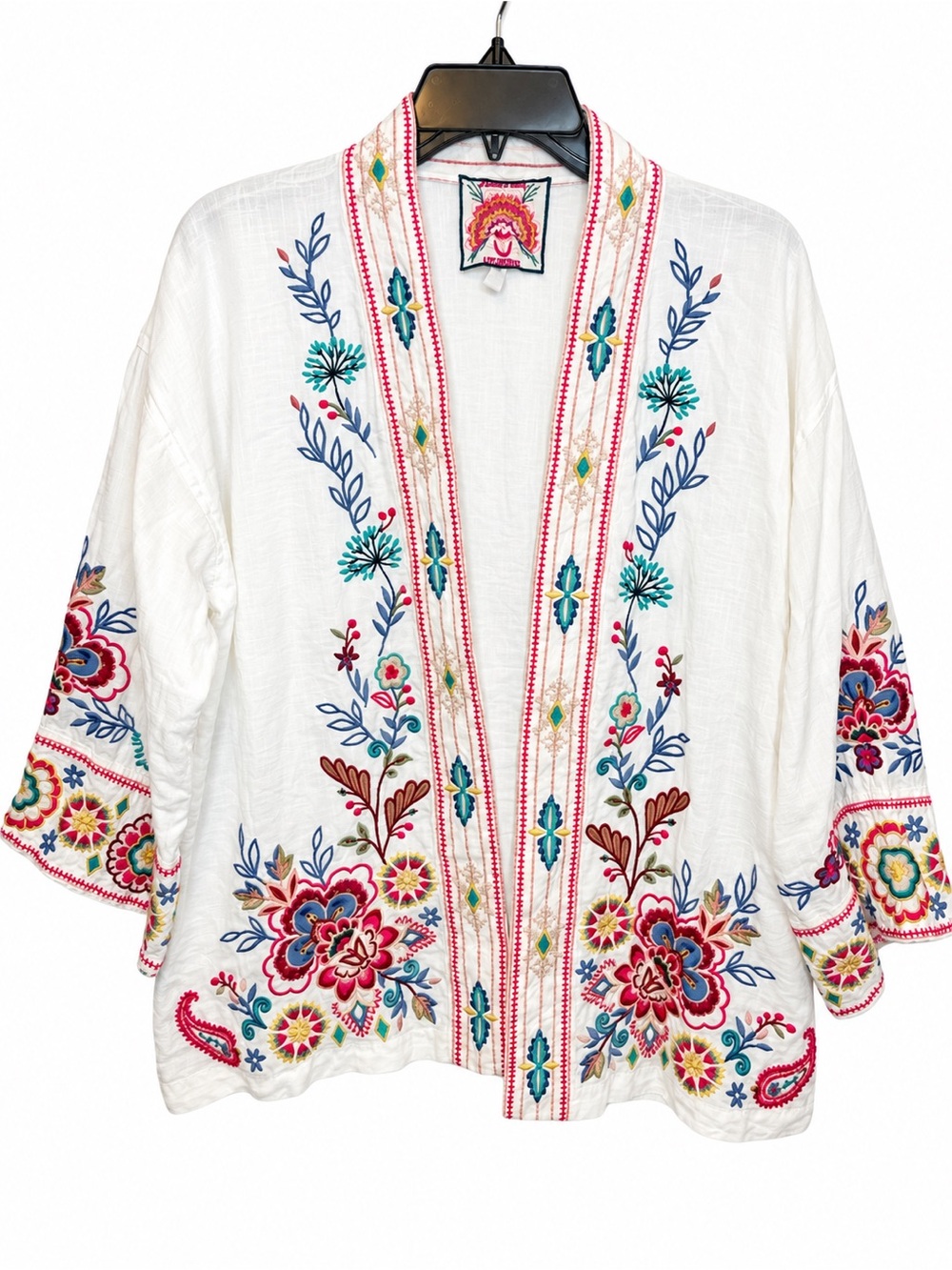 Johnny Was Women’s M White Embroidered Floral Kimono Jacket Boho Open Front